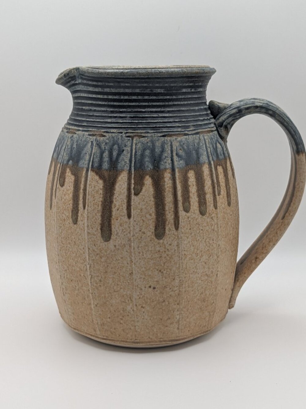 Handcrafted Ceramic Studio Pottery Pitcher Blue Drip Glaze Over Textured body